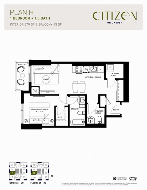 1 bed 1 bath H Floor Plan at Citizen on Jasper, Edmonton, AB, T5K 0M5